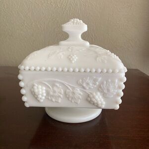 Vintage, Westmorland, Milk Glass Covered Candy Dish with Paneled Grape Pattern